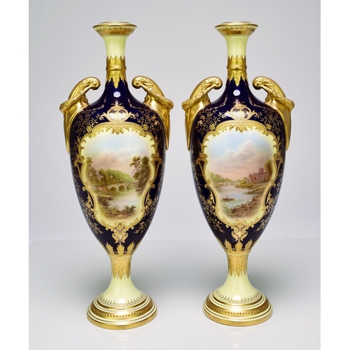 184 - A pair of Coalport landscape vases, circa 1900-1910 decorated with named views of Kingston Bridge an... 