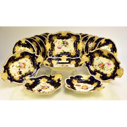 186 - A Coalport dessert service, circa 1830 pattern 2/341, cobalt and yellow border with hand-painted flo... 