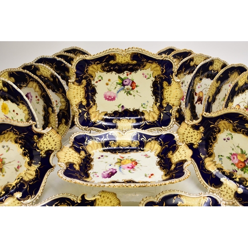 186 - A Coalport dessert service, circa 1830 pattern 2/341, cobalt and yellow border with hand-painted flo... 