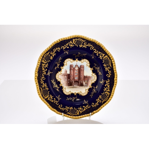 187 - A set of six Coalport dessert plates, early 20th century the cobalt border with elaborate raised and... 