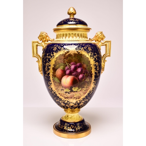 189 - A large and impressive Coalport vase and cover, early 20th century with unusual angular lion's head ... 