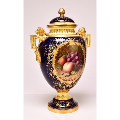 189 - A large and impressive Coalport vase and cover, early 20th century with unusual angular lion's head ... 