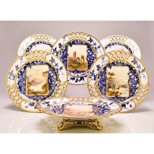 191 - A Coalport dessert service, circa 1870-80 comprising five plates and one low comport dish, finely de... 