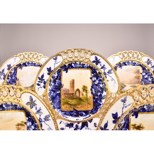 191 - A Coalport dessert service, circa 1870-80 comprising five plates and one low comport dish, finely de... 