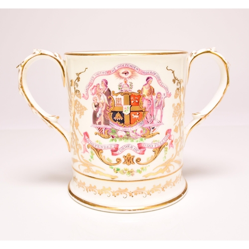 193 - A rare Coalport presentation loving cup, circa 1860 with feather moulded and gilt loop handles, prin... 