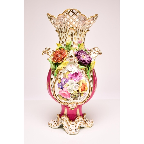 196 - A good Coalport 'Coalbrookdale' floral encrusted vase, circa 1830-35 the magenta ground finely paint... 