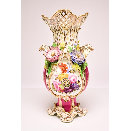 196 - A good Coalport 'Coalbrookdale' floral encrusted vase, circa 1830-35 the magenta ground finely paint... 