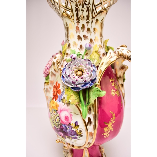 196 - A good Coalport 'Coalbrookdale' floral encrusted vase, circa 1830-35 the magenta ground finely paint... 