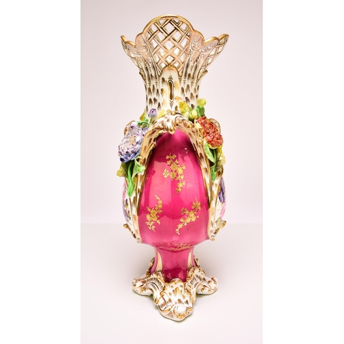 196 - A good Coalport 'Coalbrookdale' floral encrusted vase, circa 1830-35 the magenta ground finely paint... 