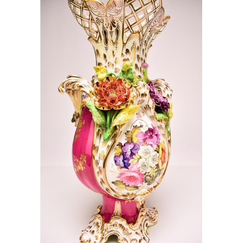 196 - A good Coalport 'Coalbrookdale' floral encrusted vase, circa 1830-35 the magenta ground finely paint... 