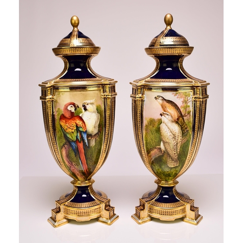 200 - A pair of Coalport ornithological vases and covers painted by John Randall, circa 1871 of tripartite... 