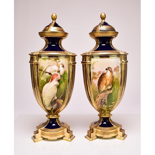 200 - A pair of Coalport ornithological vases and covers painted by John Randall, circa 1871 of tripartite... 