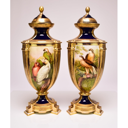 200 - A pair of Coalport ornithological vases and covers painted by John Randall, circa 1871 of tripartite... 