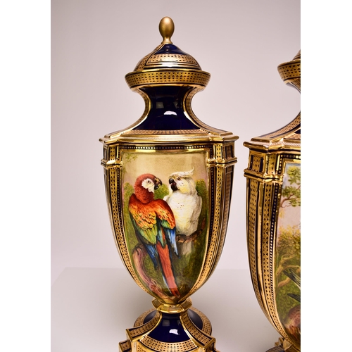 200 - A pair of Coalport ornithological vases and covers painted by John Randall, circa 1871 of tripartite... 