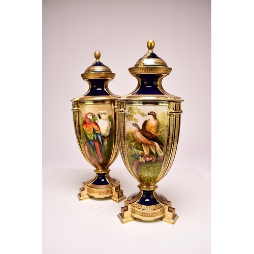 200 - A pair of Coalport ornithological vases and covers painted by John Randall, circa 1871 of tripartite... 