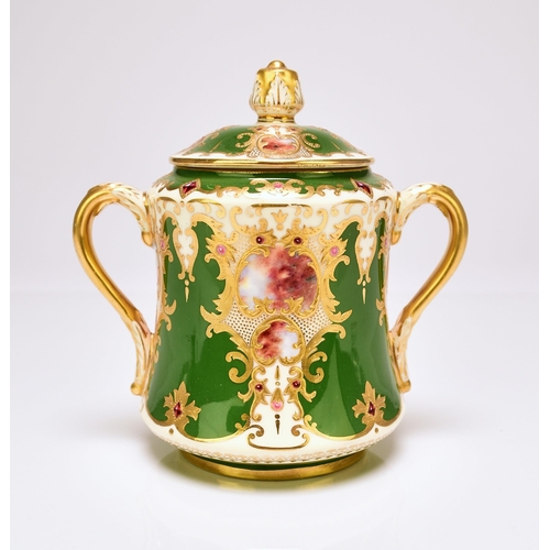 204 - A Coalport twin-handled tea caddy or sugar box, circa 1900 dark green ground with raised gilt and pa... 