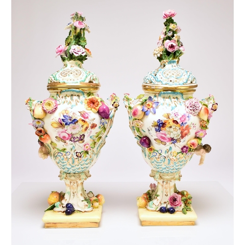 206 - A pair of rare Coalport 'Coalbrookdale' floral encrusted potpourri vases and covers, circa 1825-30 t... 