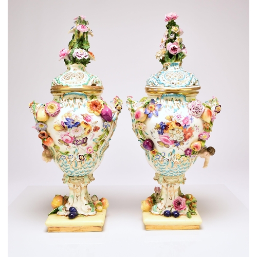 206 - A pair of rare Coalport 'Coalbrookdale' floral encrusted potpourri vases and covers, circa 1825-30 t... 