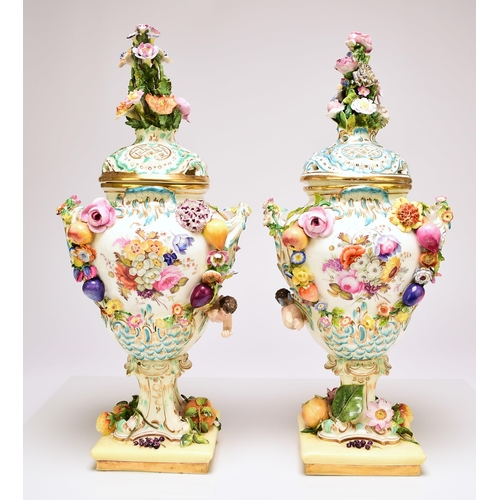 206 - A pair of rare Coalport 'Coalbrookdale' floral encrusted potpourri vases and covers, circa 1825-30 t... 