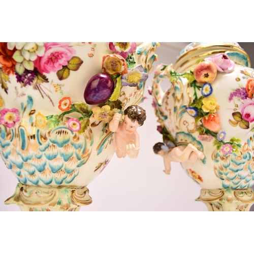 206 - A pair of rare Coalport 'Coalbrookdale' floral encrusted potpourri vases and covers, circa 1825-30 t... 