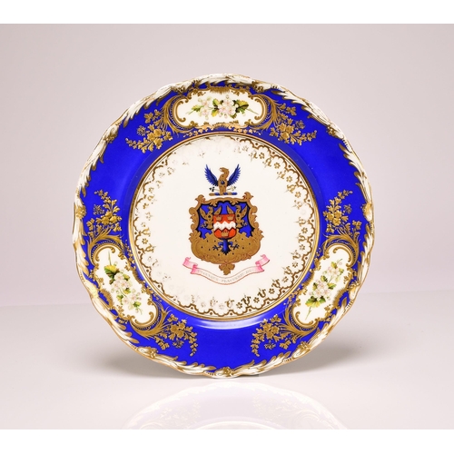 212 - A good Coalport armorial plate, circa 1830 finely decorated with the arms and crest of the Darby fam... 