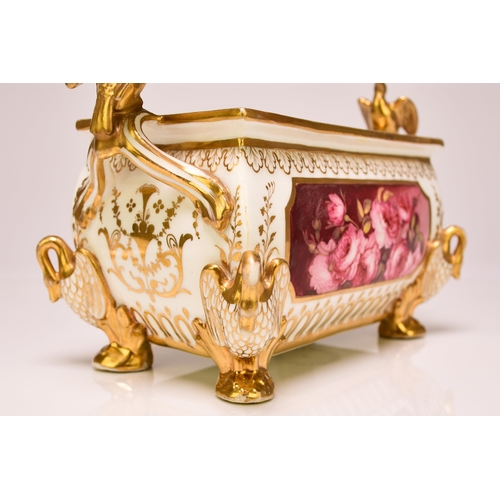 213 - A Coalport bough pot with pierced cover, circa 1820, the rectangular bombe body with twin handles su... 