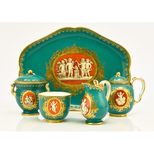 214 - A Coalport cabaret service, circa 1860 comprising tray, cream jug, tea bowl, teapot and cover, twin-... 