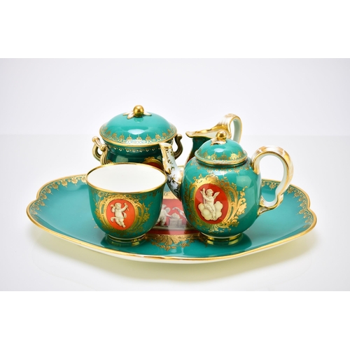 214 - A Coalport cabaret service, circa 1860 comprising tray, cream jug, tea bowl, teapot and cover, twin-... 