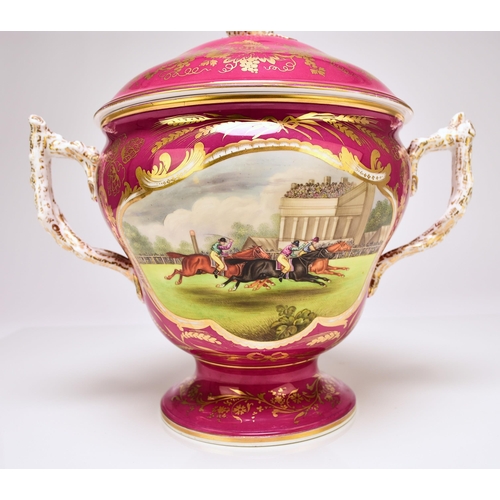 219 - HORSE RACING - A Coalport trophy cup with cover for Pains Lane Races, September 27th 1853, in the fo... 