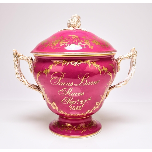 219 - HORSE RACING - A Coalport trophy cup with cover for Pains Lane Races, September 27th 1853, in the fo... 