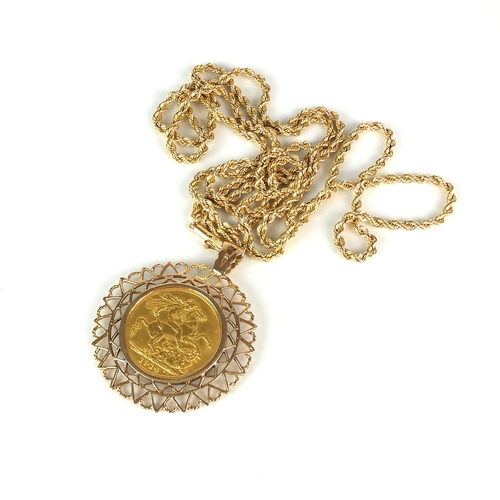 22 - A 1914 sovereign pendant on chain, the soveregin within 9ct gold mount and suspended from yellow met... 