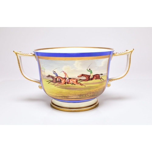 221 - HORSE RACING - A Coalport trophy cup for Linley Races, September 16th 1839 of twin-handled form, the... 