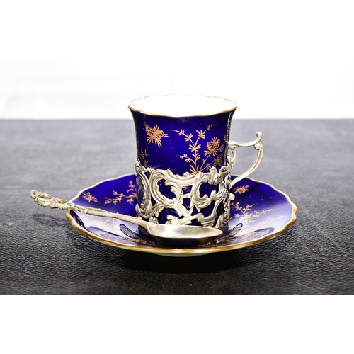 223 - An impressive Coalport cased silver mounted coffee service, dark cobalt ground decorated with gilt f... 