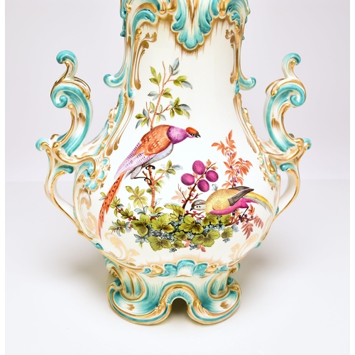 225 - A good Coalport vase, circa 1845 of scrolling twin-handled form, with a reticulated upper rim, the e... 