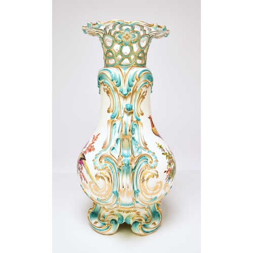 225 - A good Coalport vase, circa 1845 of scrolling twin-handled form, with a reticulated upper rim, the e... 