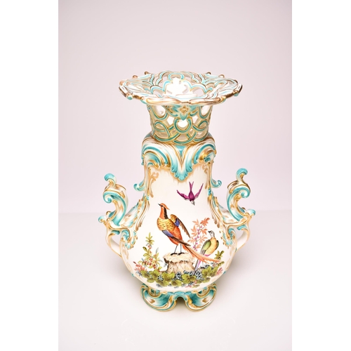 225 - A good Coalport vase, circa 1845 of scrolling twin-handled form, with a reticulated upper rim, the e... 