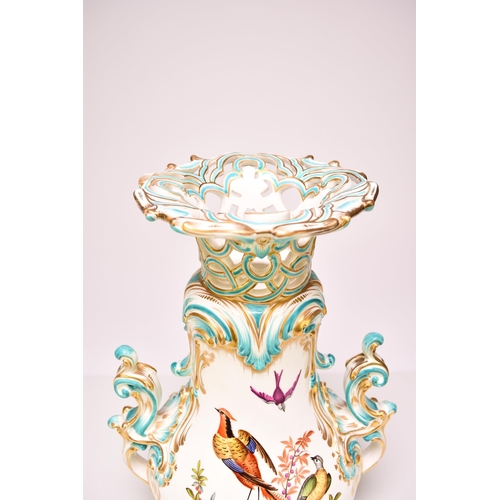 225 - A good Coalport vase, circa 1845 of scrolling twin-handled form, with a reticulated upper rim, the e... 