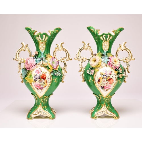 226 - A pair of Coalport 'Coalbrookdale' vases, circa 1835 of twin-handled form with apple green grounds, ... 