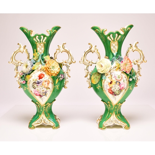 226 - A pair of Coalport 'Coalbrookdale' vases, circa 1835 of twin-handled form with apple green grounds, ... 