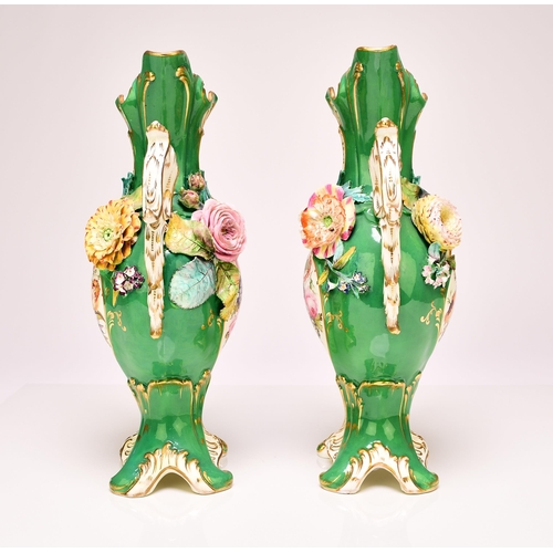 226 - A pair of Coalport 'Coalbrookdale' vases, circa 1835 of twin-handled form with apple green grounds, ... 