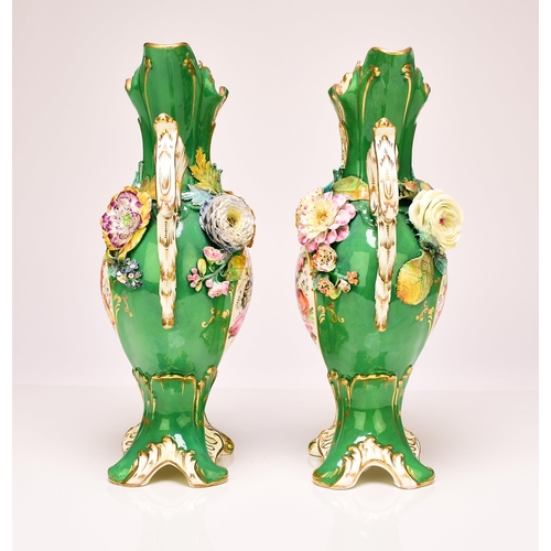 226 - A pair of Coalport 'Coalbrookdale' vases, circa 1835 of twin-handled form with apple green grounds, ... 