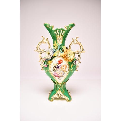 226 - A pair of Coalport 'Coalbrookdale' vases, circa 1835 of twin-handled form with apple green grounds, ... 