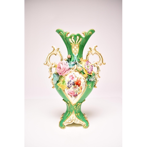 226 - A pair of Coalport 'Coalbrookdale' vases, circa 1835 of twin-handled form with apple green grounds, ... 