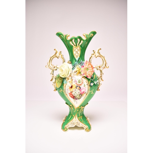 226 - A pair of Coalport 'Coalbrookdale' vases, circa 1835 of twin-handled form with apple green grounds, ... 