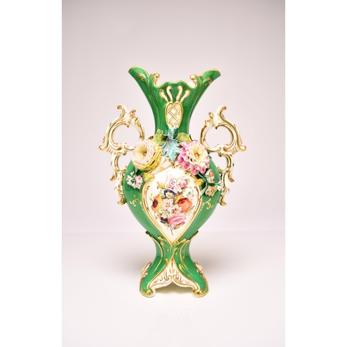 226 - A pair of Coalport 'Coalbrookdale' vases, circa 1835 of twin-handled form with apple green grounds, ... 