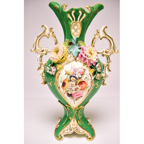 226 - A pair of Coalport 'Coalbrookdale' vases, circa 1835 of twin-handled form with apple green grounds, ... 