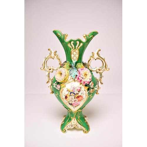 226 - A pair of Coalport 'Coalbrookdale' vases, circa 1835 of twin-handled form with apple green grounds, ... 