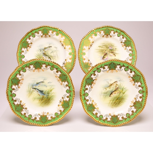 227 - A set of four Coalport ichthyological dessert plates, early 20th century apple green and gilt border... 