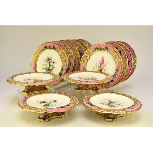 228 - A Coalport dessert service, circa 1860 comprising ten plates and four comports, centrally painted in... 