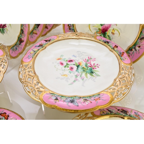 228 - A Coalport dessert service, circa 1860 comprising ten plates and four comports, centrally painted in... 